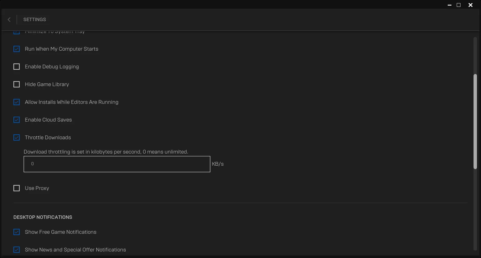 Epic Games Launcher and its download throttling options
