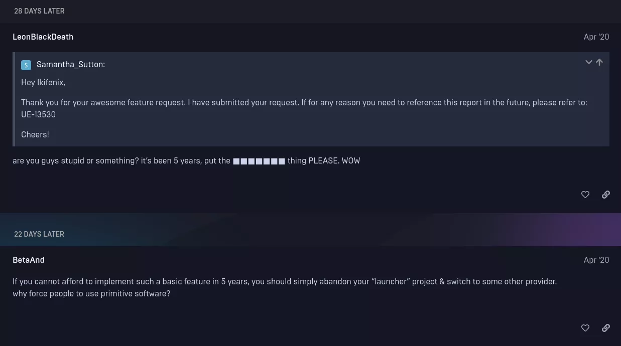 Screenshot of Reddit with upset Epic Games users about the lack of throttling options
