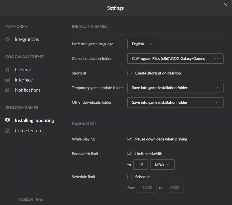 GOG Galaxy client circa 2022 showing download bandwidth restriction options