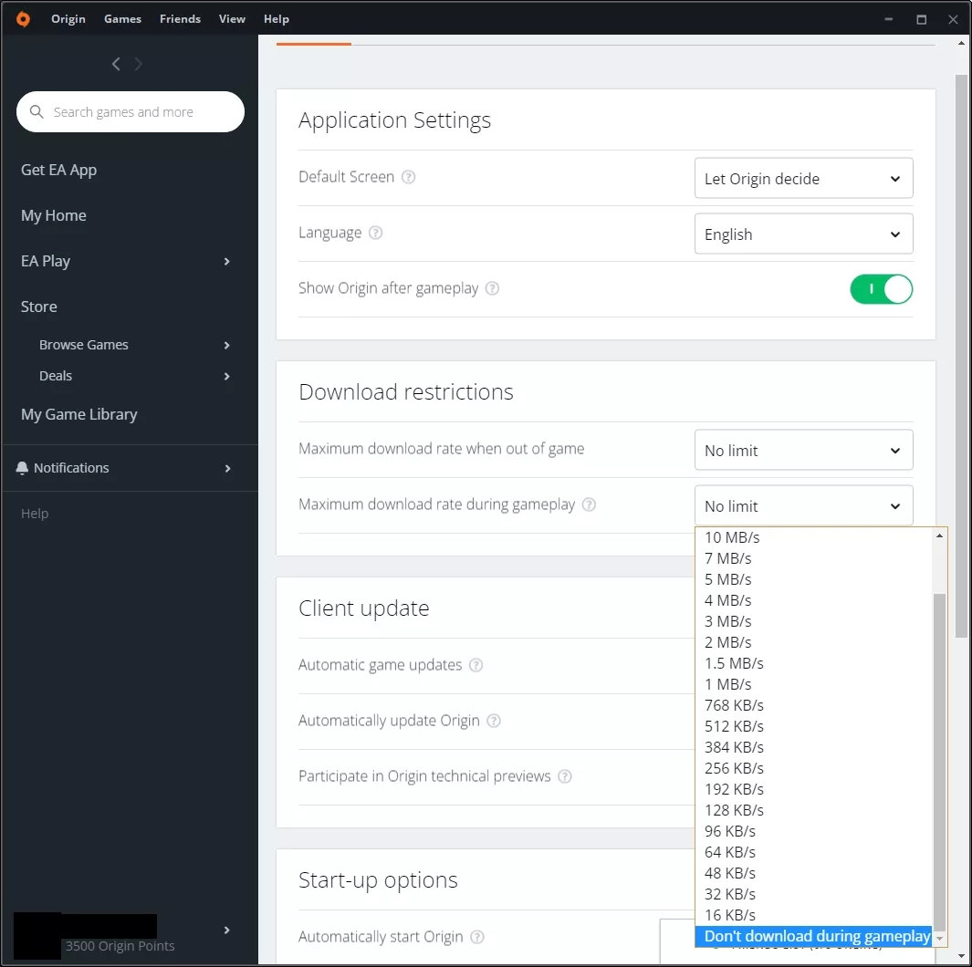 EA Origin showing the different options available for download restrictions during gameplay