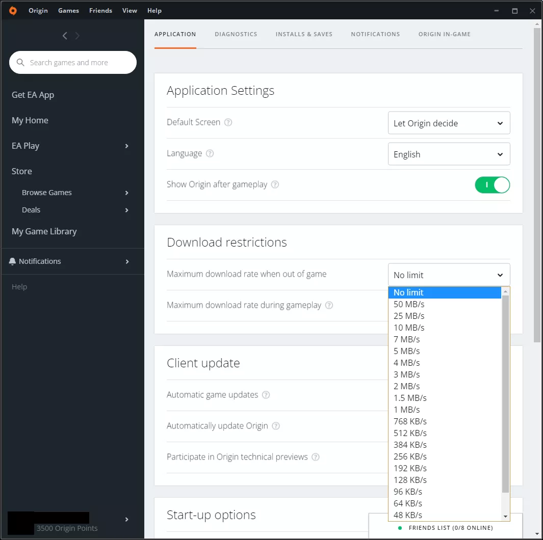 EA Origin showing the different options available for download restrictions outside gameplay