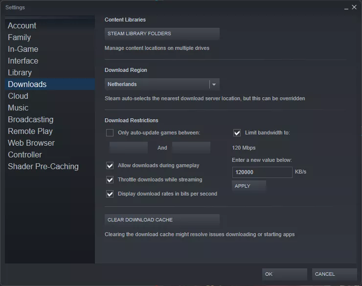 Steam client circa 2022 showing download bandwidth restriction options in Mb/s