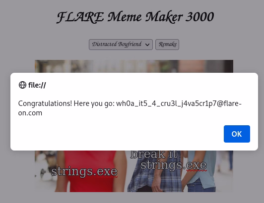 Flare-On 11 - Meme Maker 3000 pop-up with correct flag